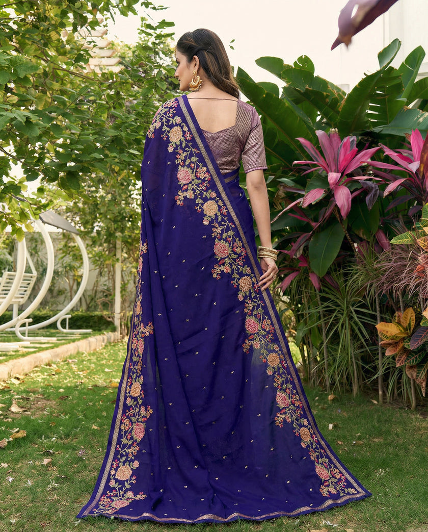 Blue Chiffon Border Floral Embroidered Work  Saree with Unstitched Blouse