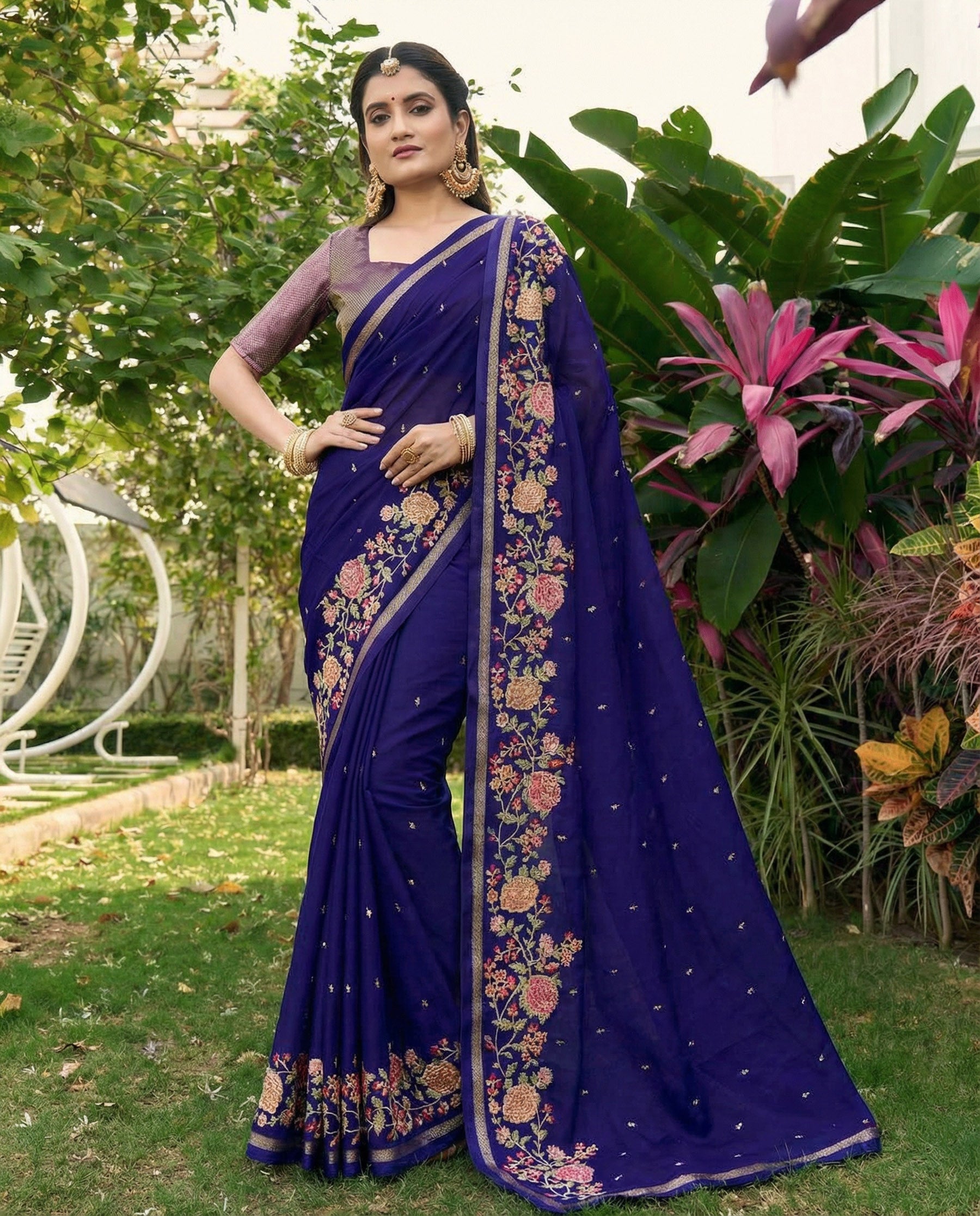 Blue Chiffon Border Floral Embroidered Work  Saree with Unstitched Blouse
