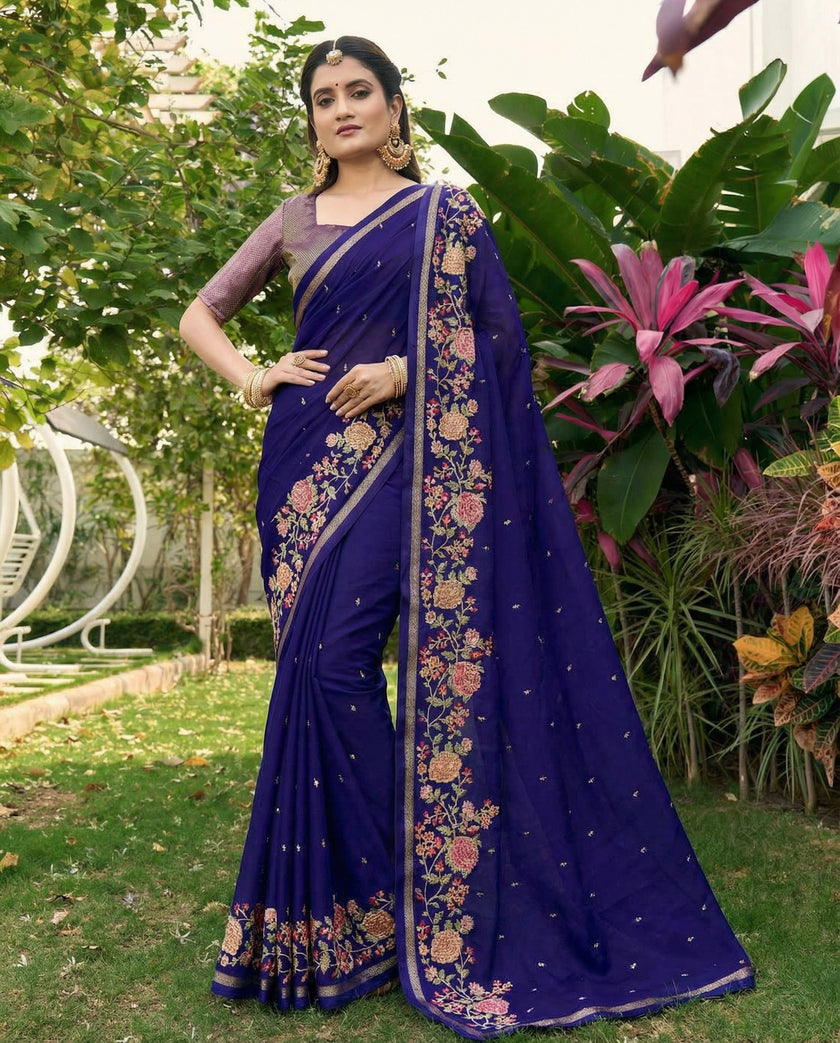 Blue Chiffon Border Floral Embroidered Work  Saree with Unstitched Blouse