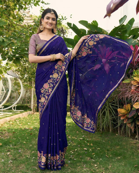 Blue Chiffon Border Floral Embroidered Work  Saree with Unstitched Blouse