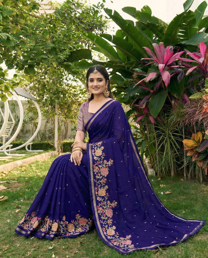 Blue Chiffon Border Floral Embroidered Work  Saree with Unstitched Blouse