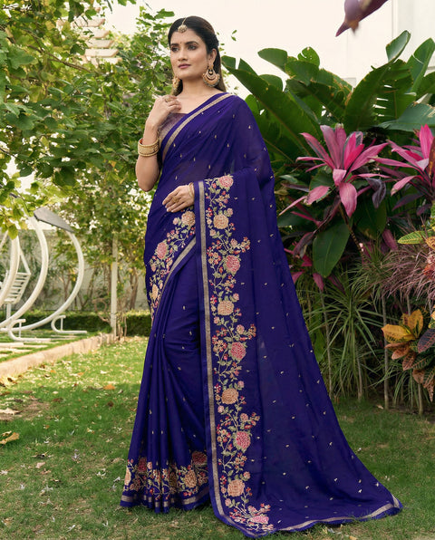 Blue Chiffon Border Floral Embroidered Work  Saree with Unstitched Blouse
