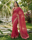 Red Chiffon All Over Floral Embroidered Work Saree with Unstitched Blouse