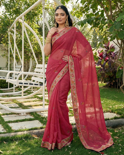 Red Chiffon All Over Floral Embroidered Work Saree with Unstitched Blouse