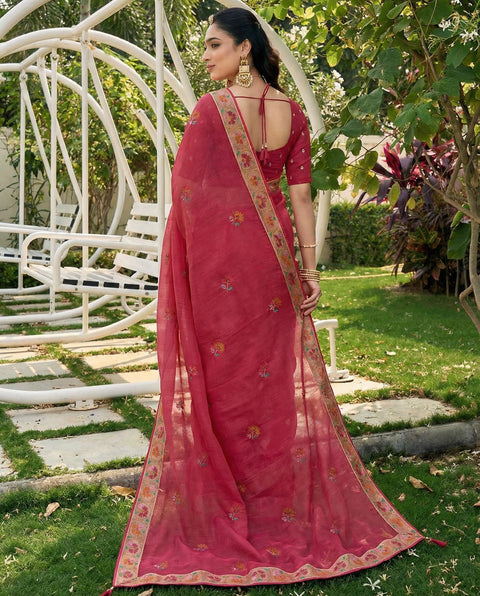 Red Chiffon All Over Floral Embroidered Work Saree with Unstitched Blouse