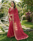 Red Chiffon All Over Floral Embroidered Work Saree with Unstitched Blouse