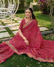 Red Chiffon All Over Floral Embroidered Work Saree with Unstitched Blouse