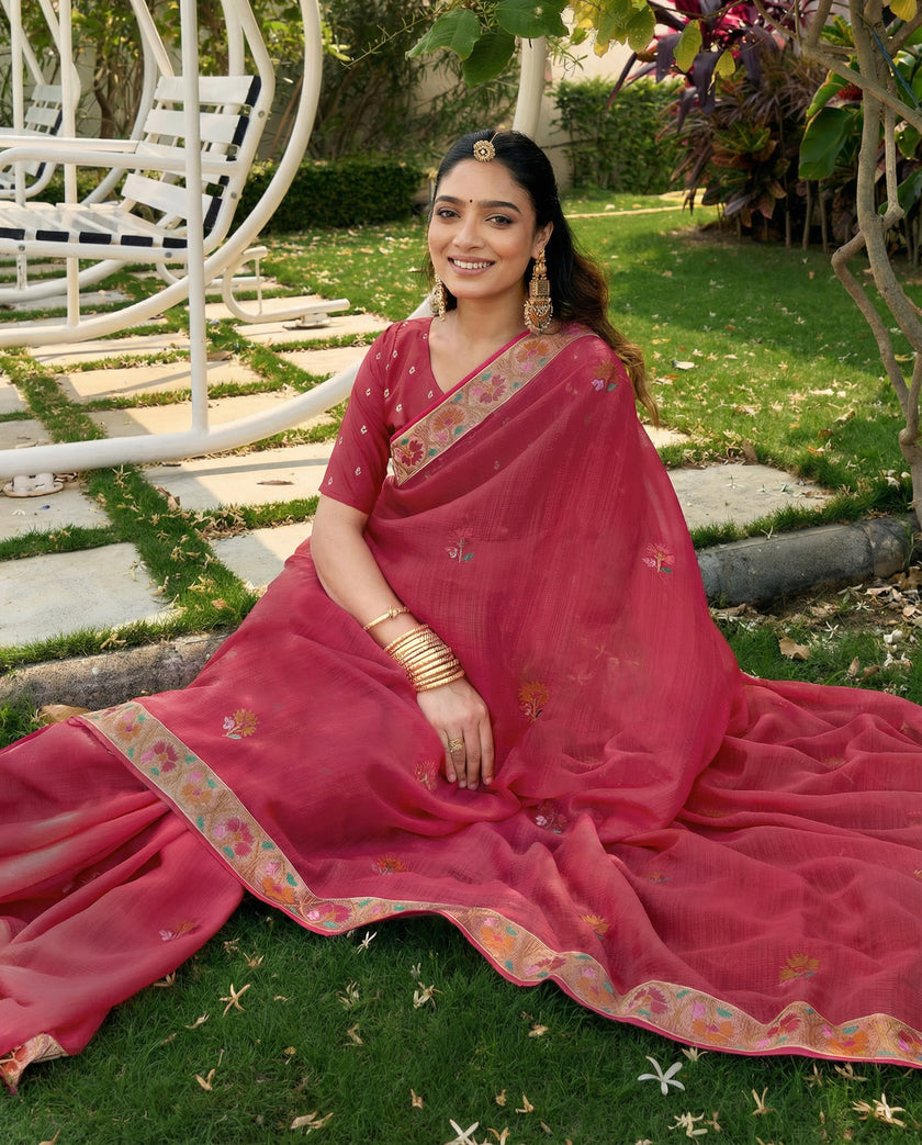 Red Chiffon All Over Floral Embroidered Work Saree with Unstitched Blouse
