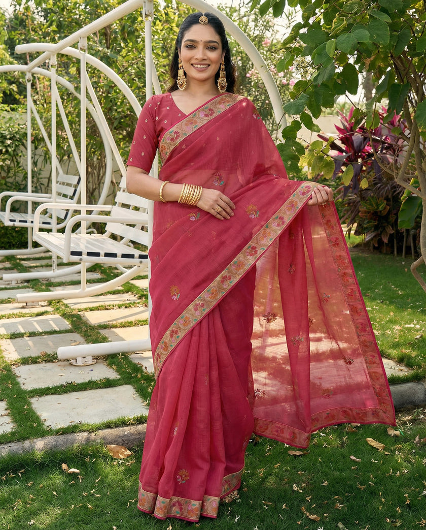 Red Chiffon All Over Floral Embroidered Work Saree with Unstitched Blouse
