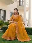 Mustard Chiffon Border Floral Embroidered Work  Saree with Unstitched Blouse
