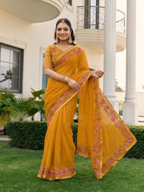 Mustard Chiffon Border Floral Embroidered Work  Saree with Unstitched Blouse