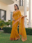 Mustard Chiffon Border Floral Embroidered Work  Saree with Unstitched Blouse