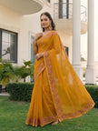 Mustard Chiffon Border Floral Embroidered Work  Saree with Unstitched Blouse
