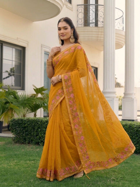 Mustard Chiffon Border Floral Embroidered Work  Saree with Unstitched Blouse