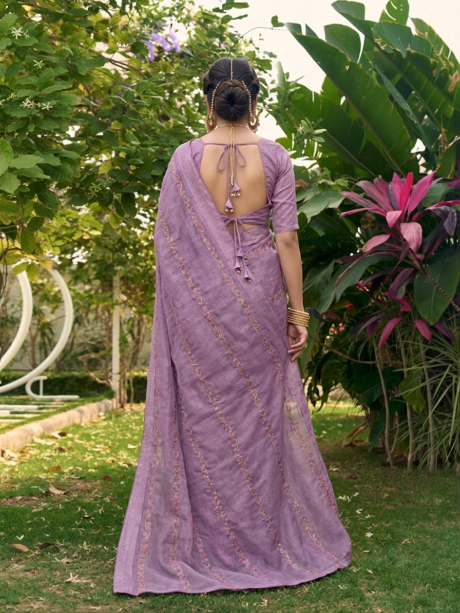 Lavender Tissue Striped Embroidered Work Saree with Unstitched Blouse