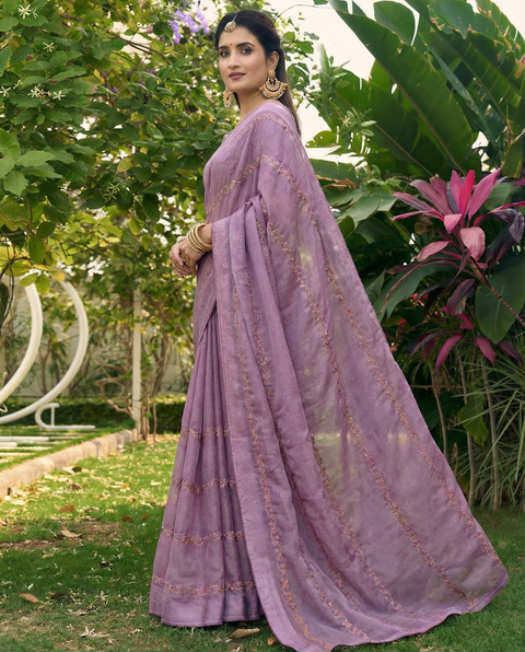 Lavender Tissue Striped Embroidered Work Saree with Unstitched Blouse