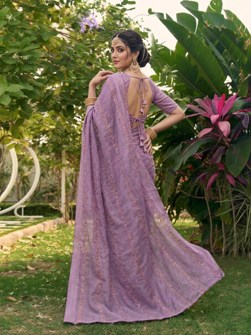 Lavender Tissue Striped Embroidered Work Saree with Unstitched Blouse