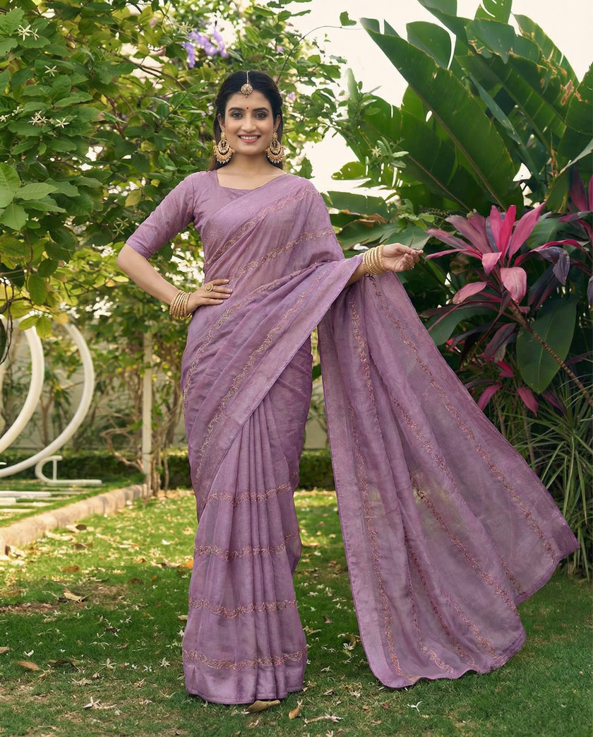 Lavender Tissue Striped Embroidered Work Saree with Unstitched Blouse