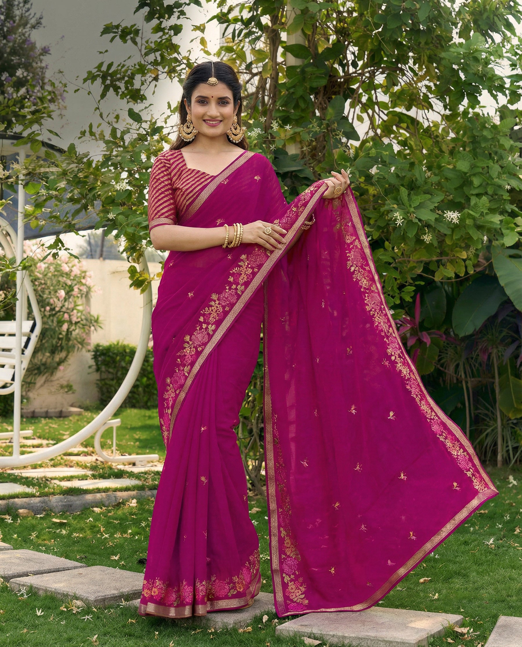 Purple Chiffon Border & Floral Embroidered Work Saree with Unstitched Blouse