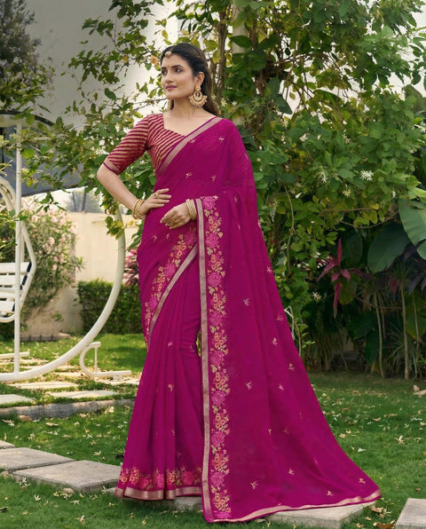 Purple Chiffon Border & Floral Embroidered Work Saree with Unstitched Blouse