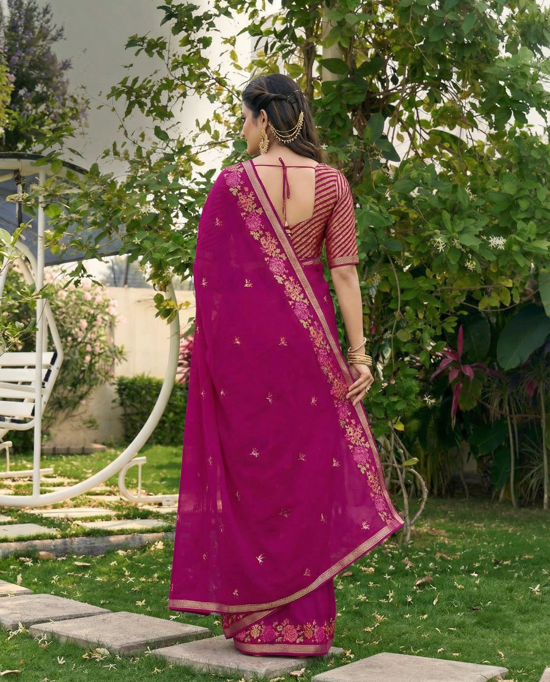 Purple Chiffon Border & Floral Embroidered Work Saree with Unstitched Blouse