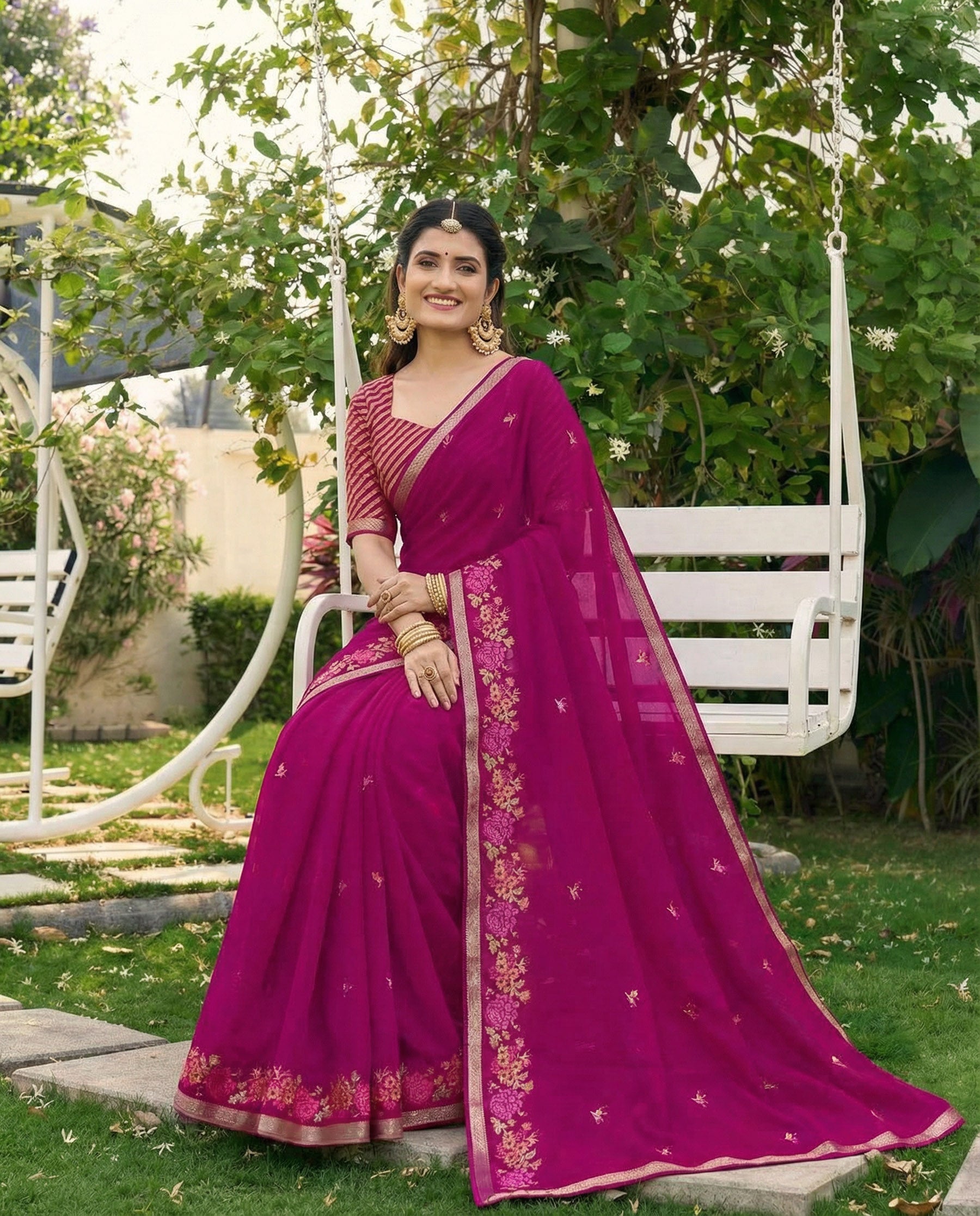 Purple Chiffon Border & Floral Embroidered Work Saree with Unstitched Blouse