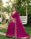 Purple Chiffon Border & Floral Embroidered Work Saree with Unstitched Blouse