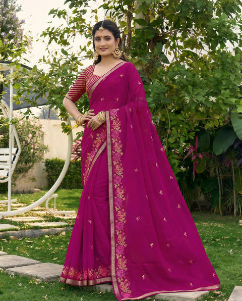 Purple Chiffon Border & Floral Embroidered Work Saree with Unstitched Blouse