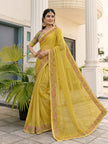 Yellow Fandy Satin Border Floral Embroidered Work  Saree with Unstitched Blouse
