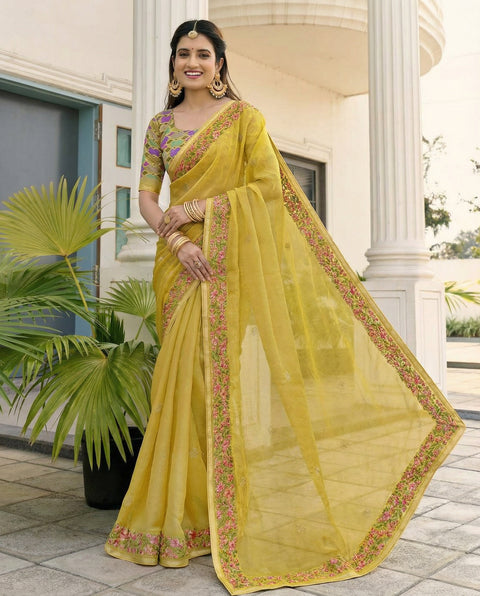 Yellow Fandy Satin Border Floral Embroidered Work  Saree with Unstitched Blouse