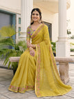 Yellow Fandy Satin Border Floral Embroidered Work  Saree with Unstitched Blouse