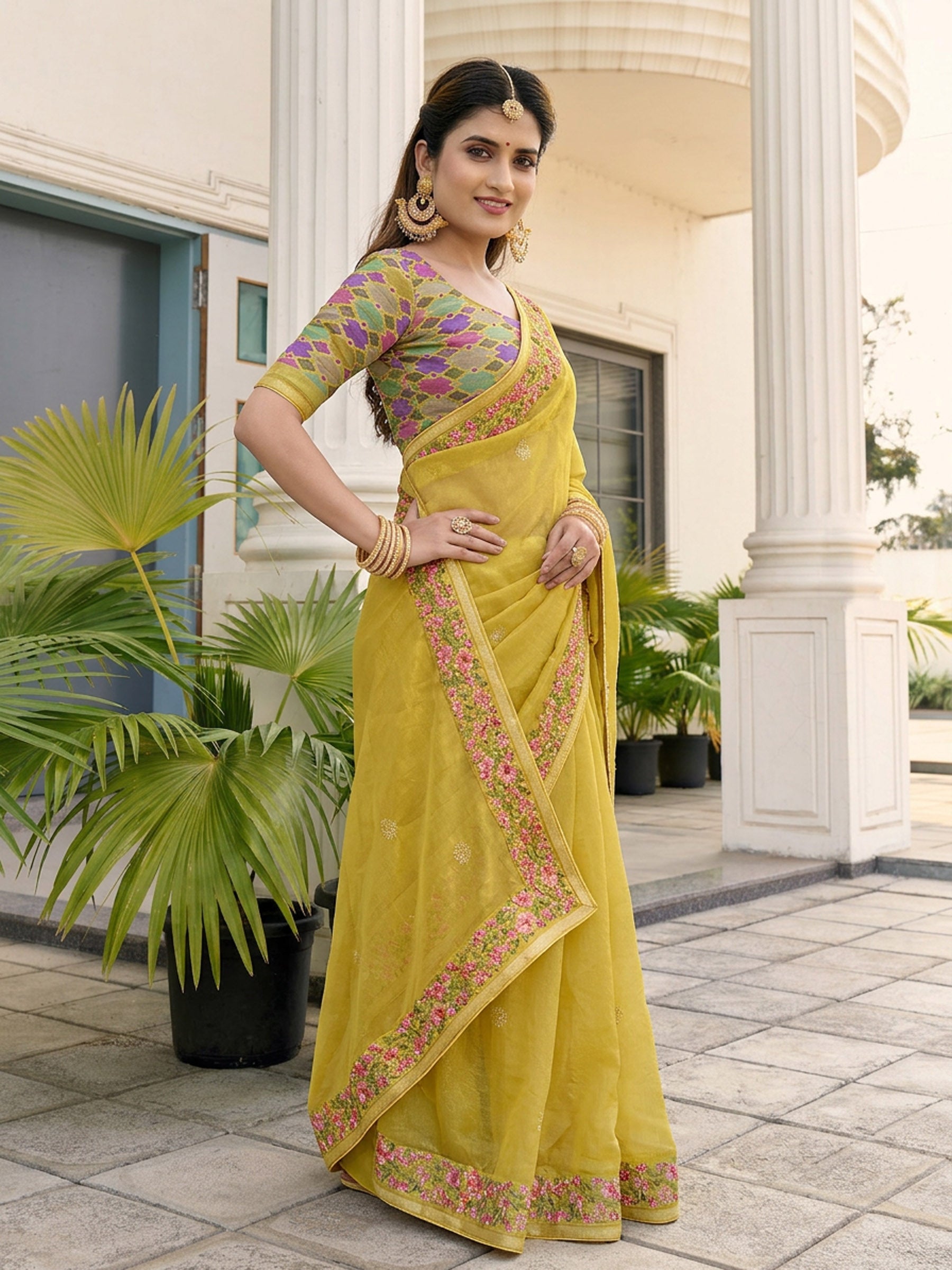 Yellow Fandy Satin Border Floral Embroidered Work  Saree with Unstitched Blouse