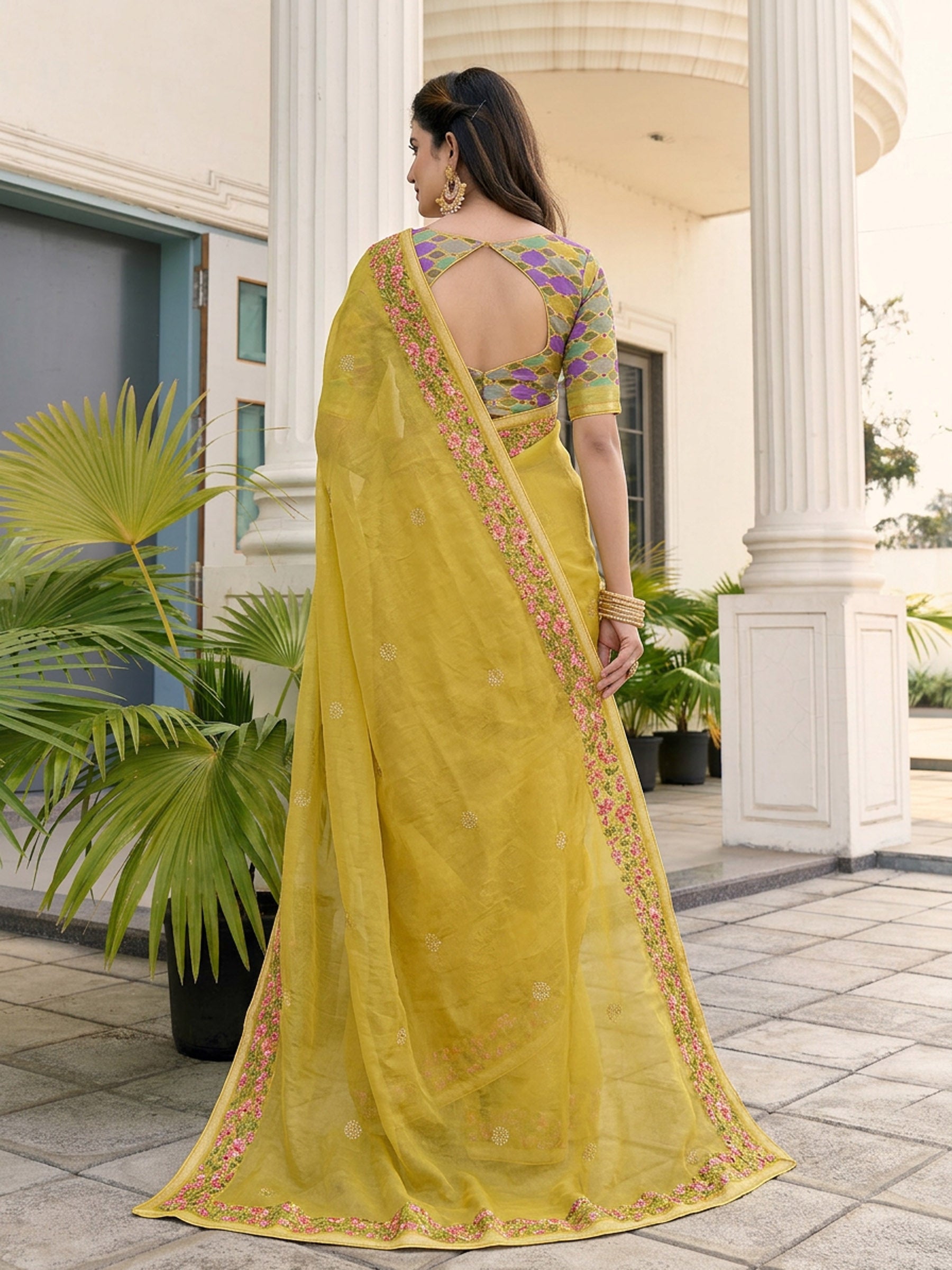 Yellow Fandy Satin Border Floral Embroidered Work  Saree with Unstitched Blouse