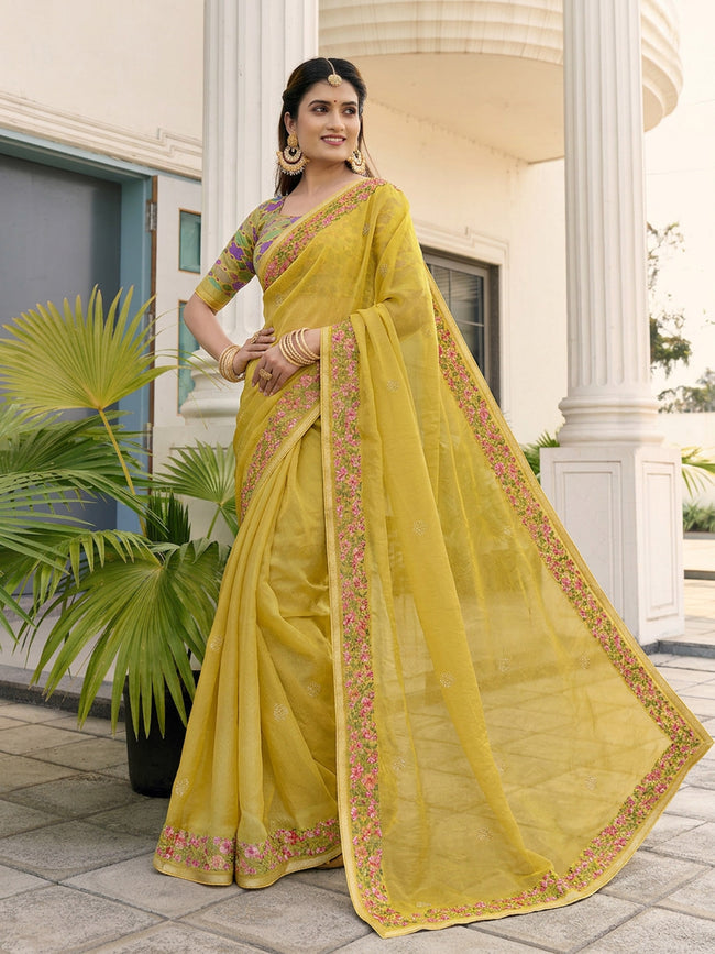 Yellow Fandy Satin Border Floral Embroidered Work  Saree with Unstitched Blouse