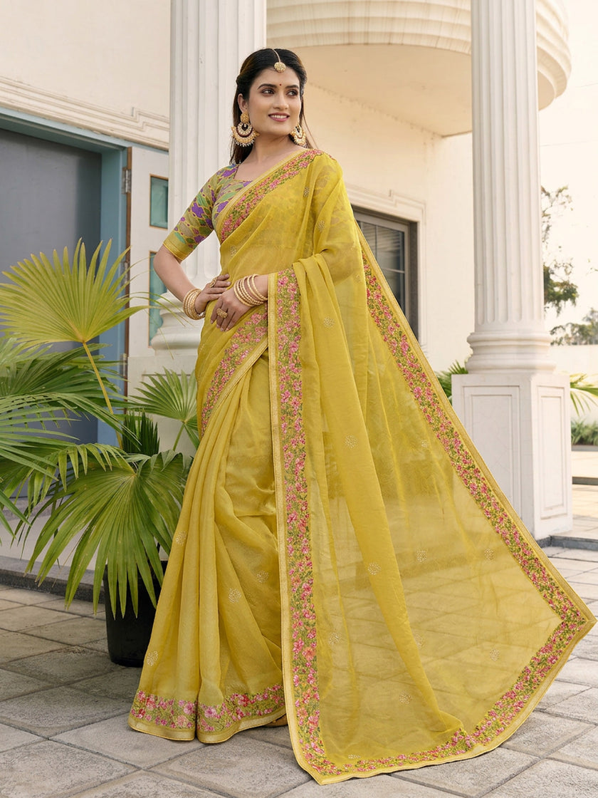Yellow Fandy Satin Border Floral Embroidered Work  Saree with Unstitched Blouse