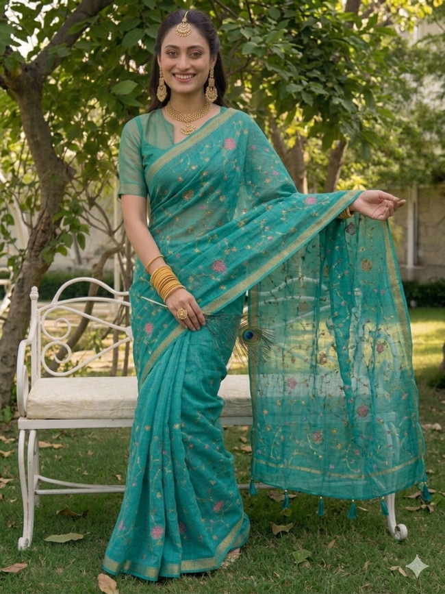 Rama Green Chiffon All Over Floral Embroidered Work Saree with Unstitched Blouse