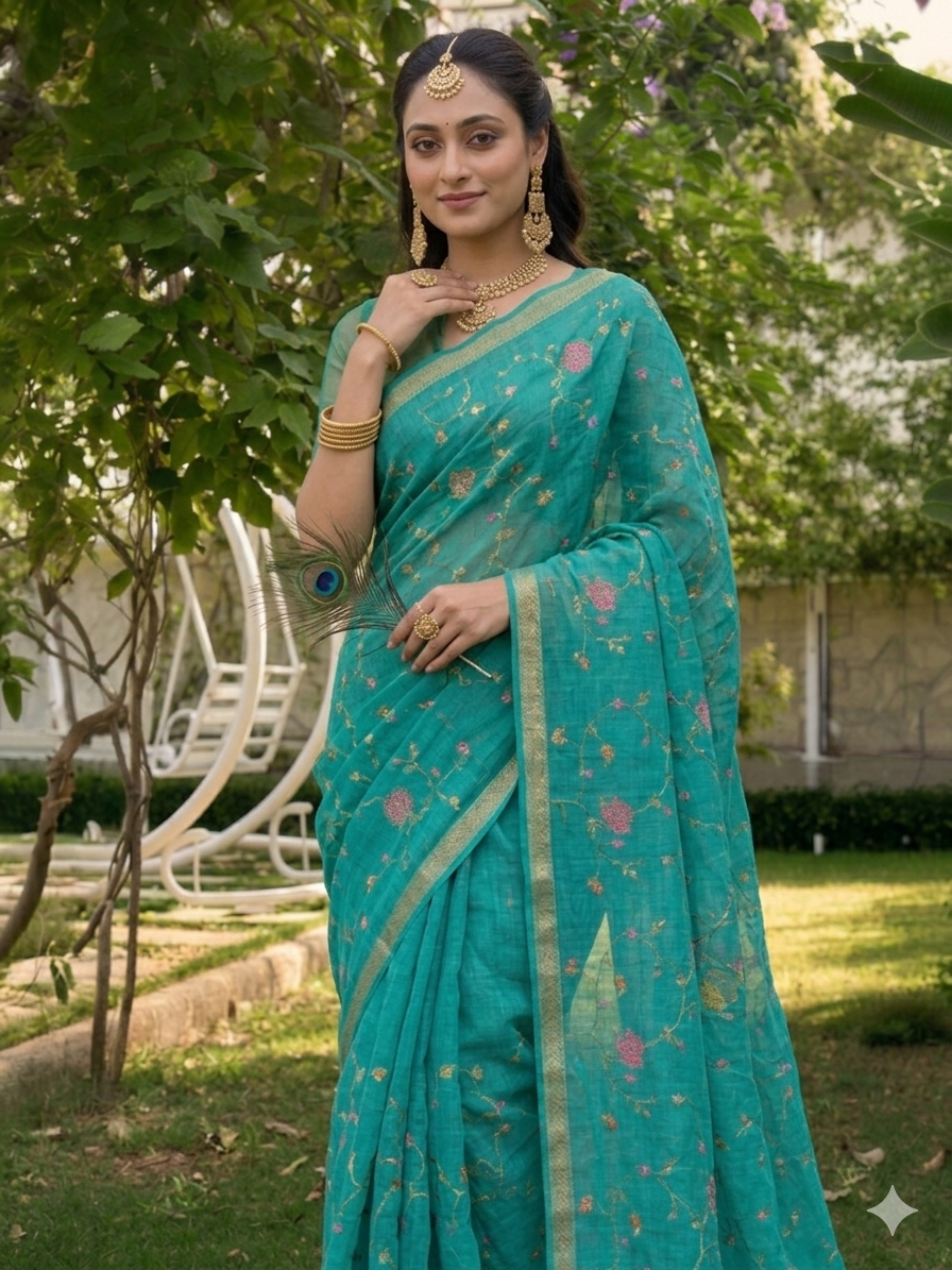 Rama Green Chiffon All Over Floral Embroidered Work Saree with Unstitched Blouse