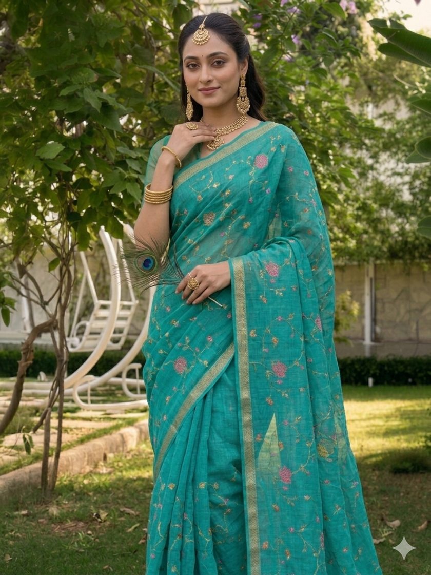 Rama Green Chiffon All Over Floral Embroidered Work Saree with Unstitched Blouse