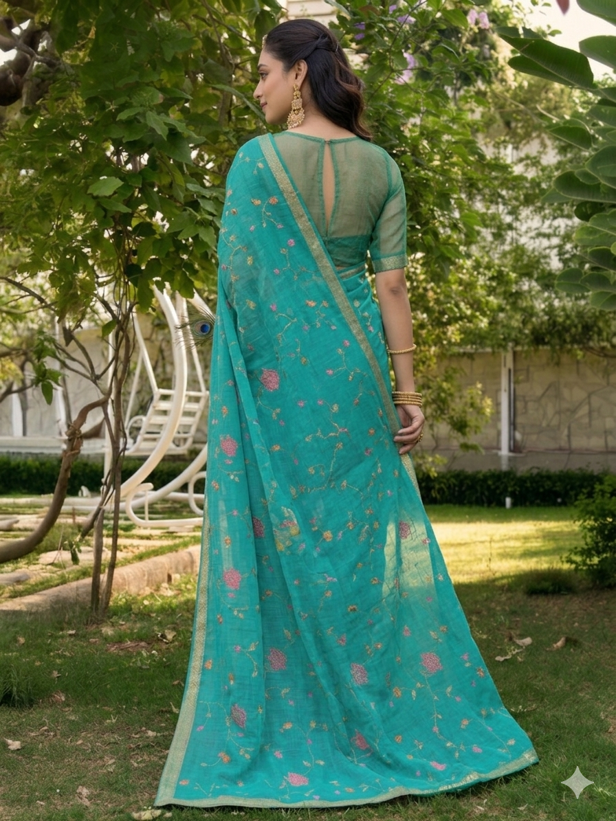 Rama Green Chiffon All Over Floral Embroidered Work Saree with Unstitched Blouse