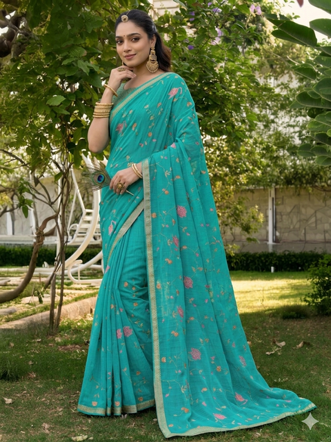 Rama Green Chiffon All Over Floral Embroidered Work Saree with Unstitched Blouse