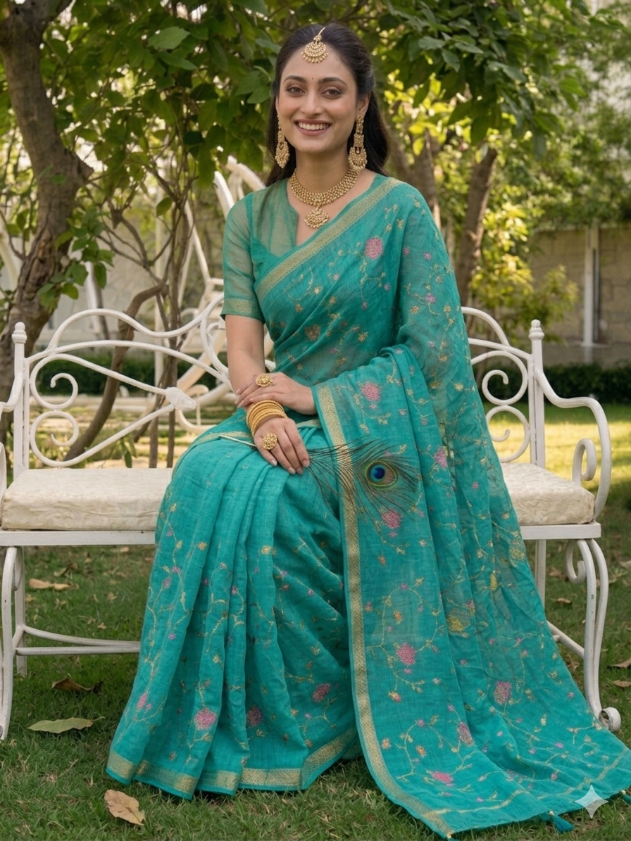 Rama Green Chiffon All Over Floral Embroidered Work Saree with Unstitched Blouse
