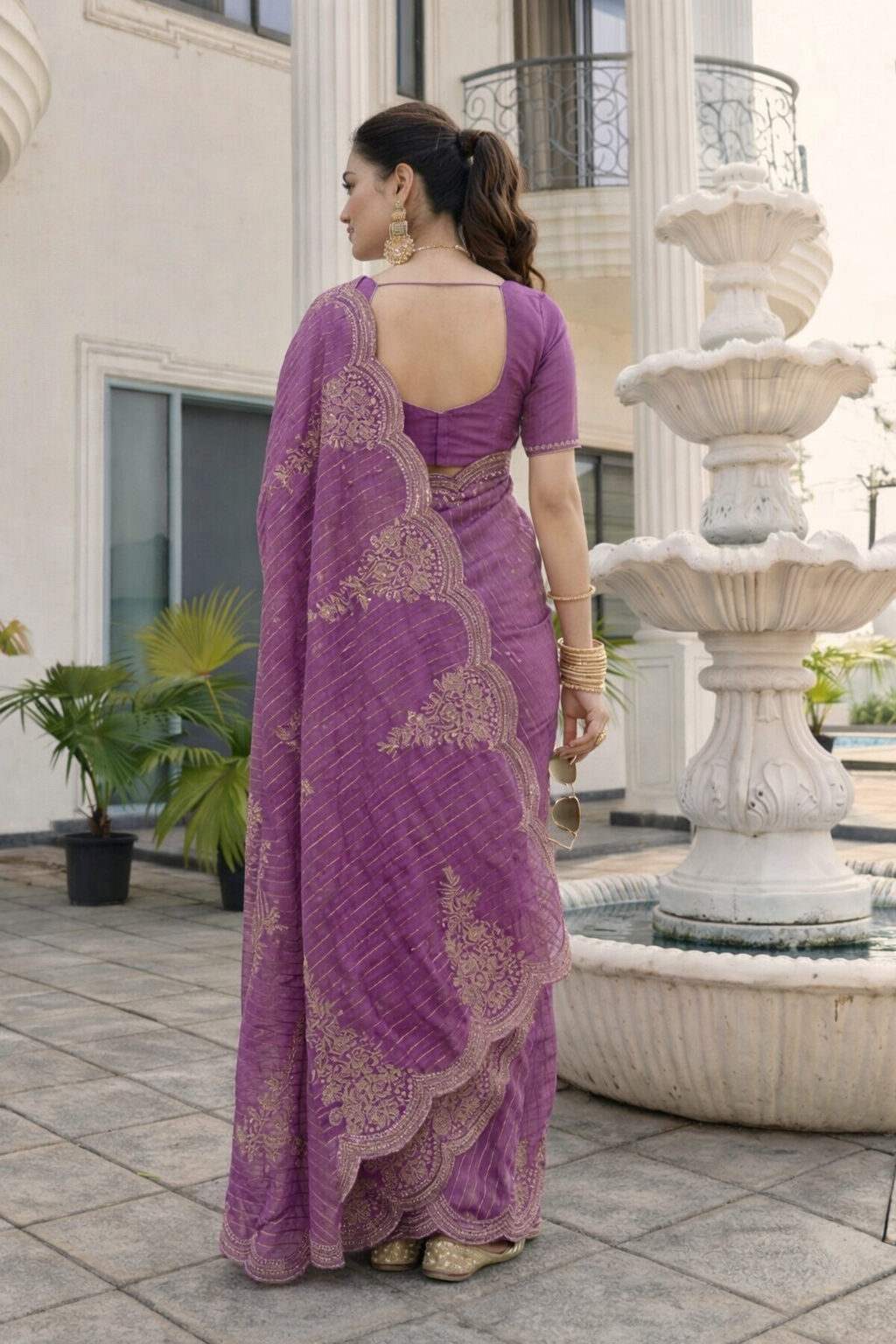 Light Purple Tissue Striped & Border Floral Embroidered Work Saree with Unstitched Blouse