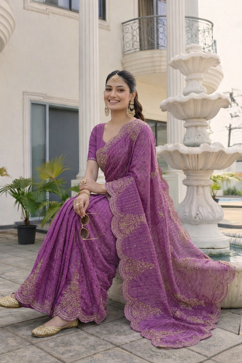 Light Purple Tissue Striped & Border Floral Embroidered Work Saree with Unstitched Blouse