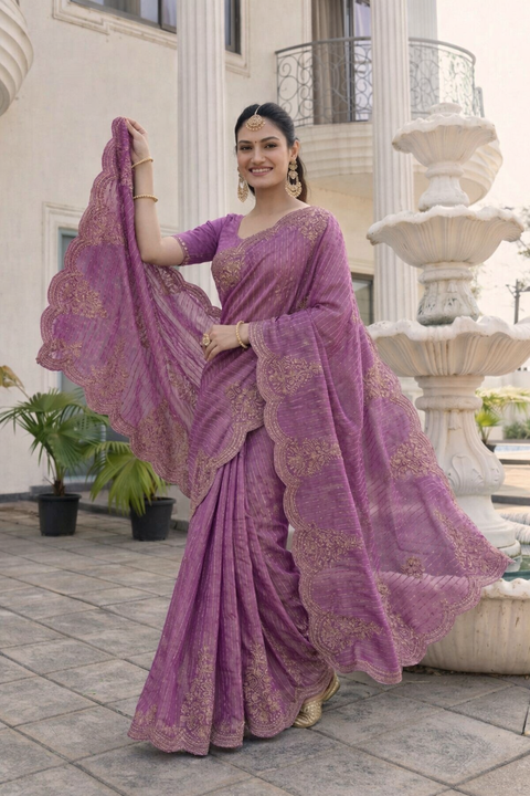 Light Purple Tissue Striped & Border Floral Embroidered Work Saree with Unstitched Blouse