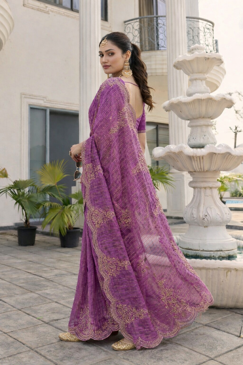Light Purple Tissue Striped & Border Floral Embroidered Work Saree with Unstitched Blouse
