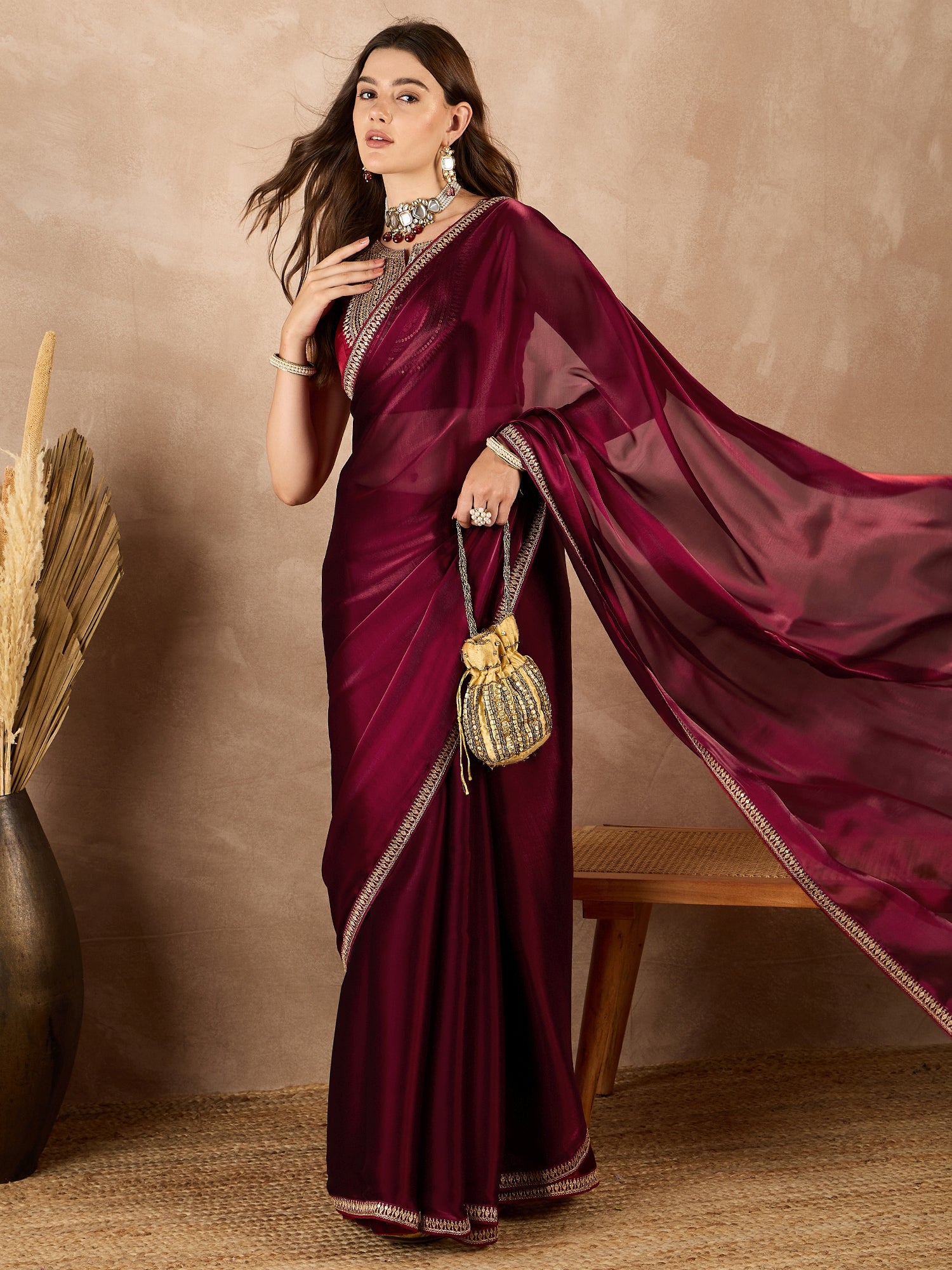 Maroon Satin Solid With Sequenced Lace Saree with Unstitched Fancy Blouse