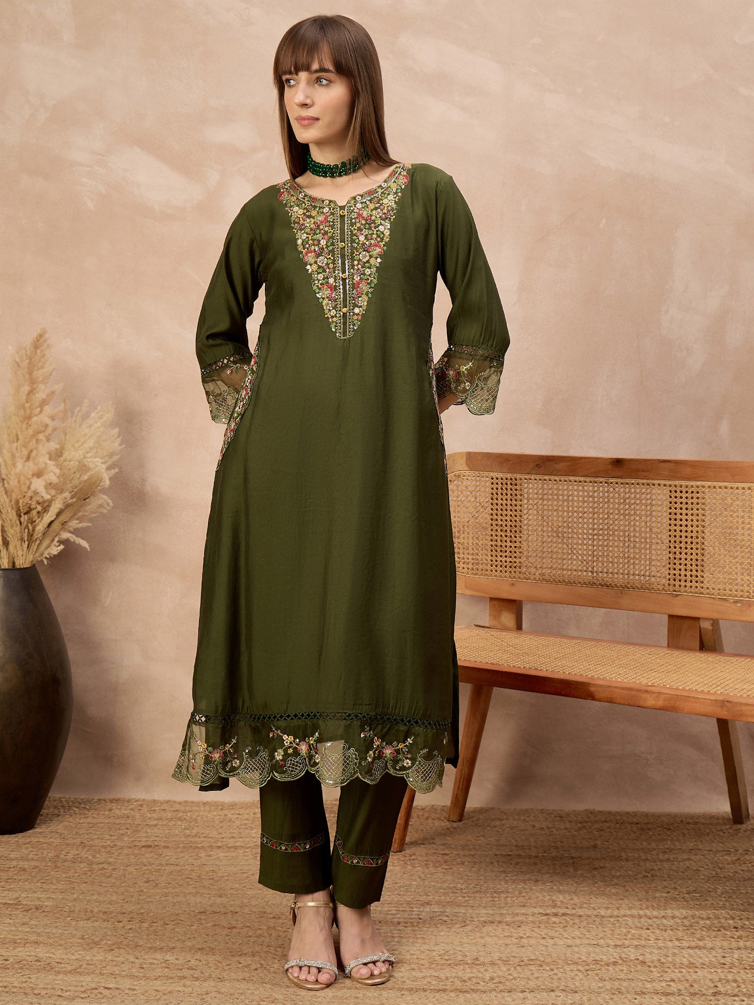 Green Pure Cotton Beads & Stone Embroidered With Buttons A-Line Kurta Trouser With Printed Dupatta