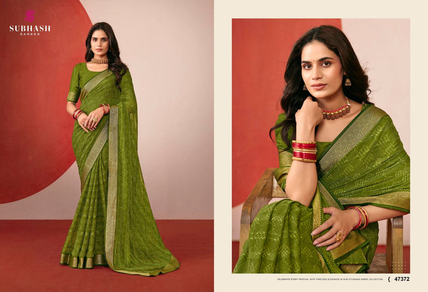 Riviera-29 : Printed Gerorgette with Gold jari Border Saree with Designer Printed Blouse
