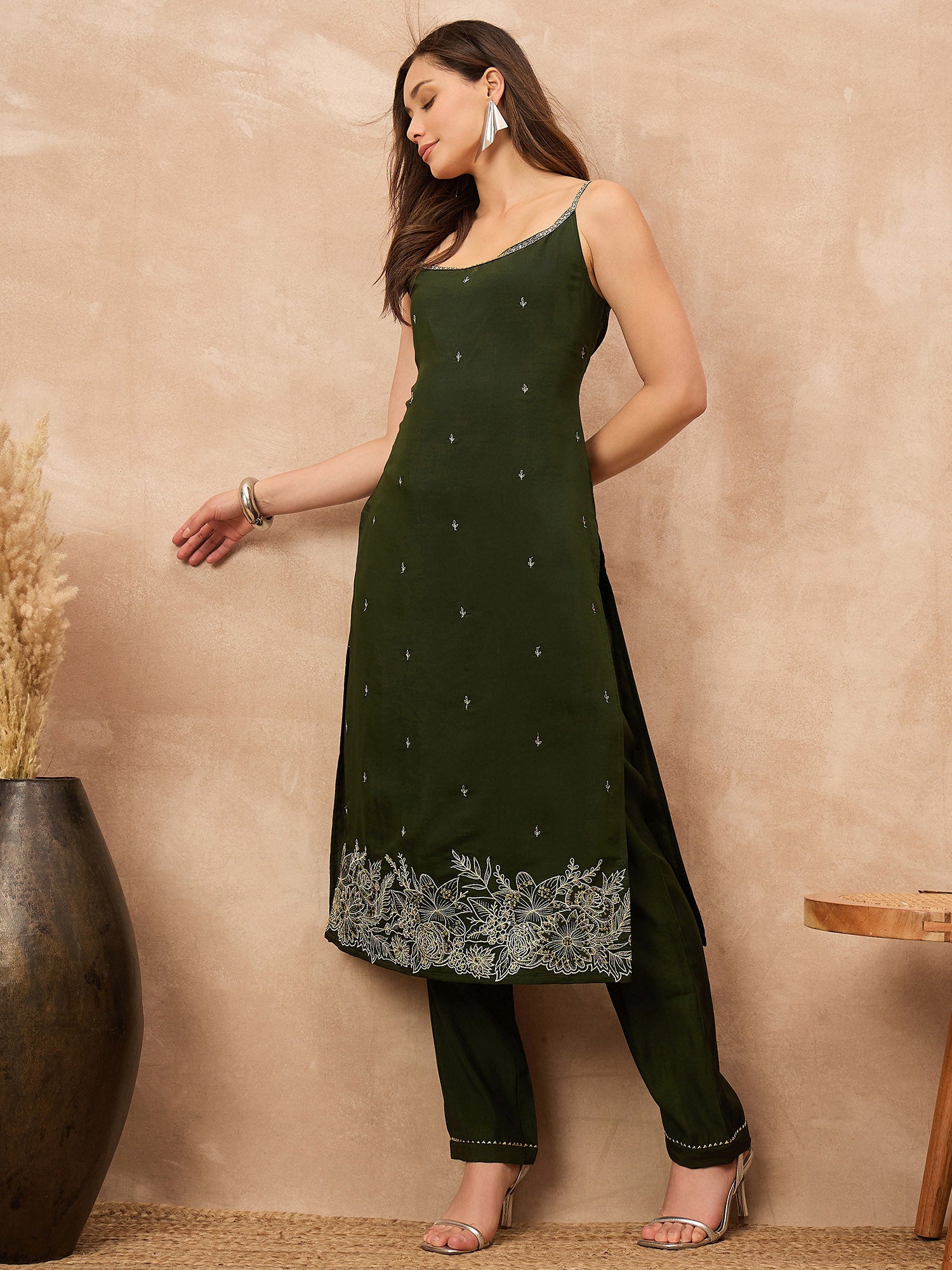 Green Silk Blend Embroideried A-Line Kurta Trouser