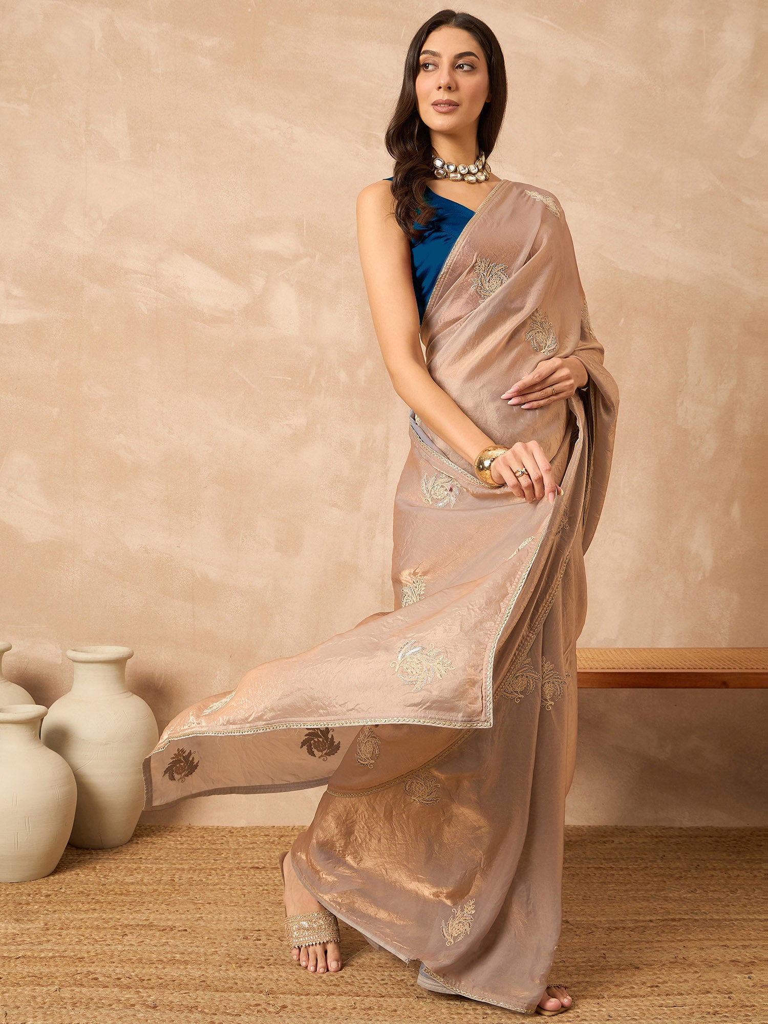 Beige Satin Solid with Coding Border Saree with Unstitched Blouse